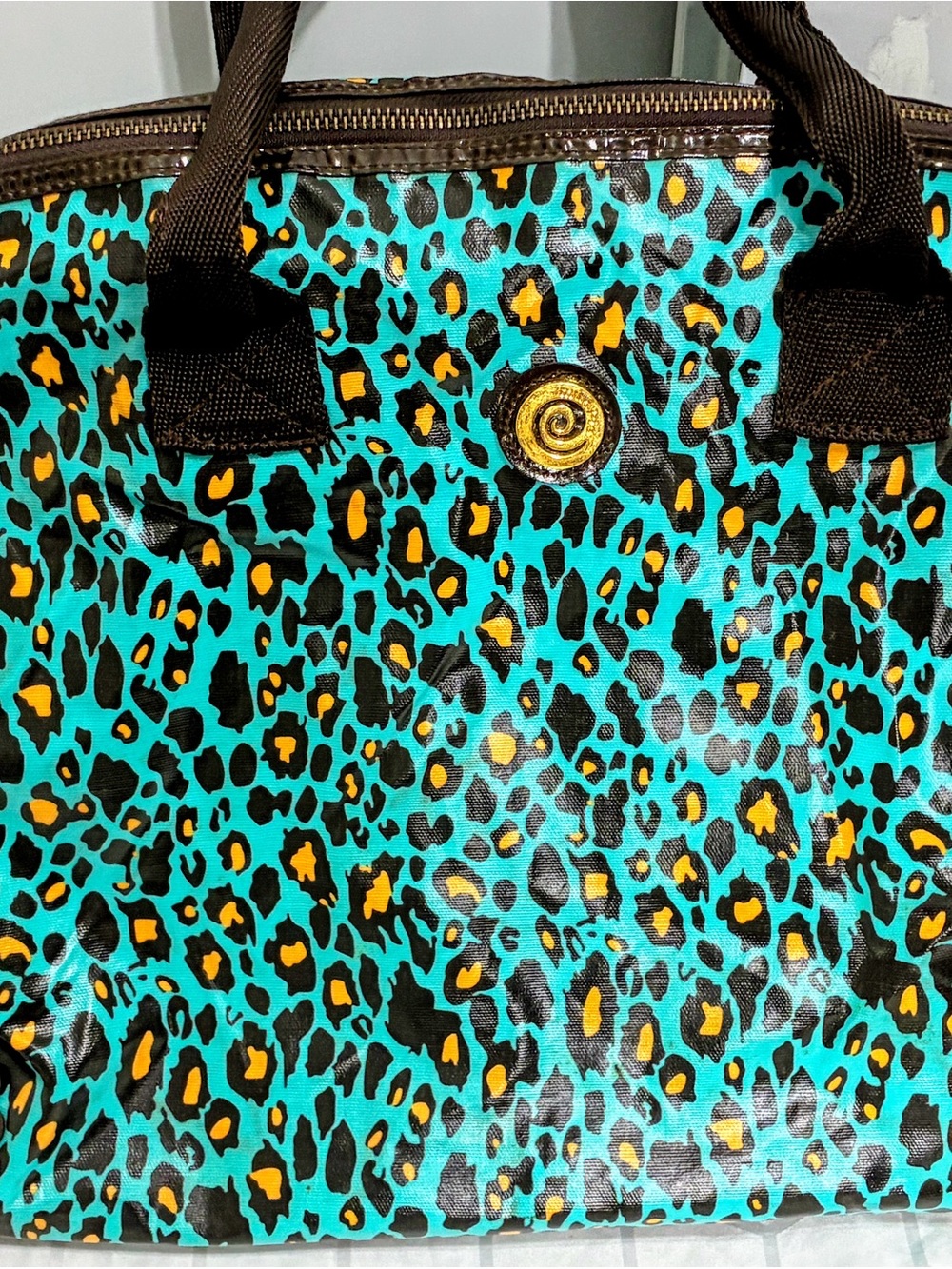 Mud Pie Turquoise Leopard-Print Travel Tote with Gold Accent mint condition